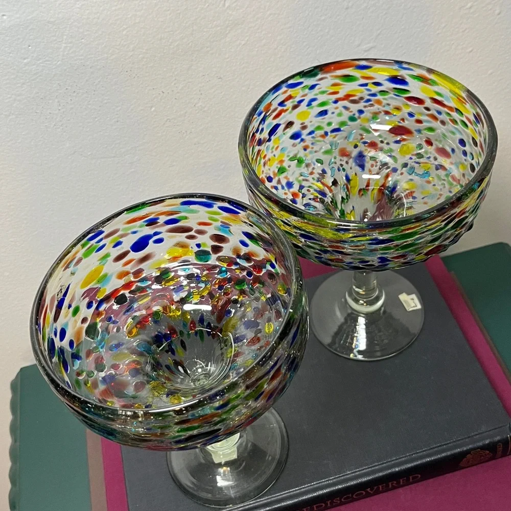 Pair Handblown Confetti Rock Multicolor Recycled Glass Margarita‎ Glasses Mexico
